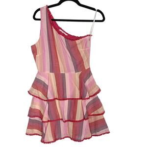 Tularosa Small S Red Pink Malibu Striped Tiered One Shoulder Dress Cotton Fringe